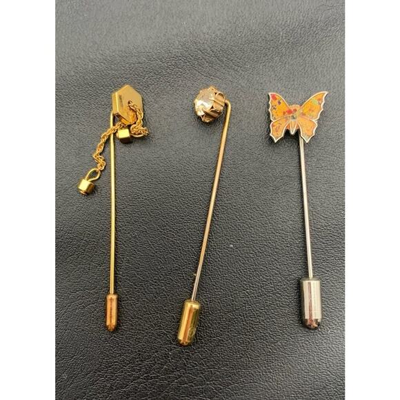 Vintage Lot Of 3 Stick Pins Lapel Butterfly Dangle And Rhinestone - Picture 3 of 5
